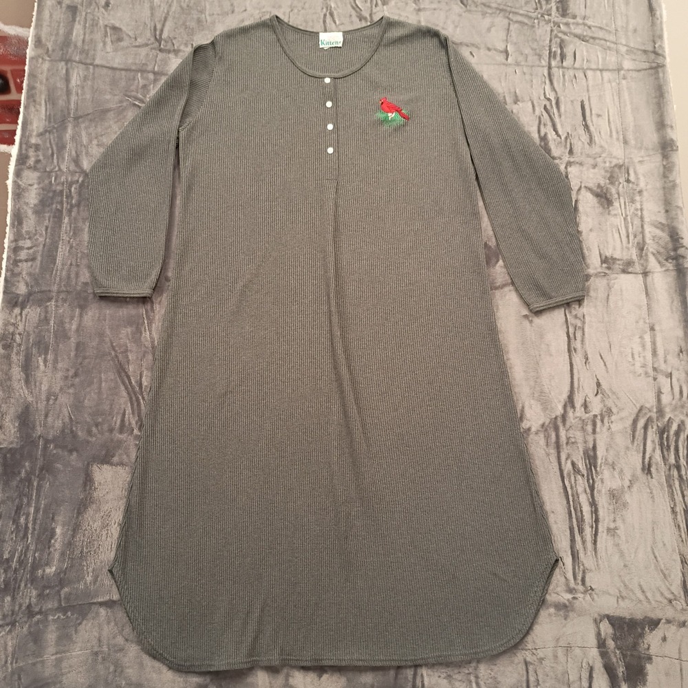 Kittens Gray Thermal Long Sleeve Cardinal Bird Embroidered Nightgown Sleepwear